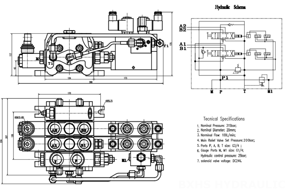 DCV100 Électro-hydraulique 2 distributeurs Distributeur directionnel sectionnel drawing image