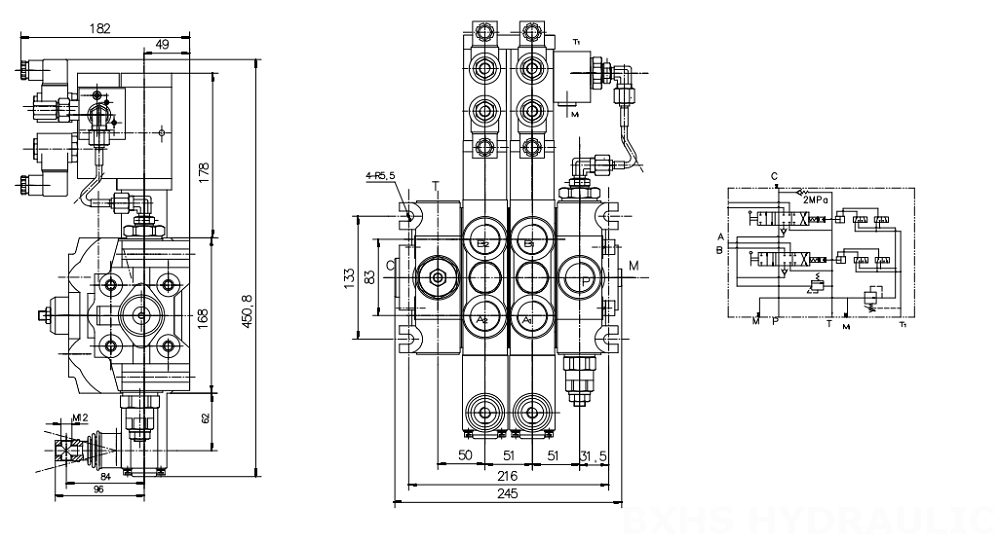 DCV200 Électro-hydraulique 2 distributeurs Distributeur directionnel sectionnel drawing image