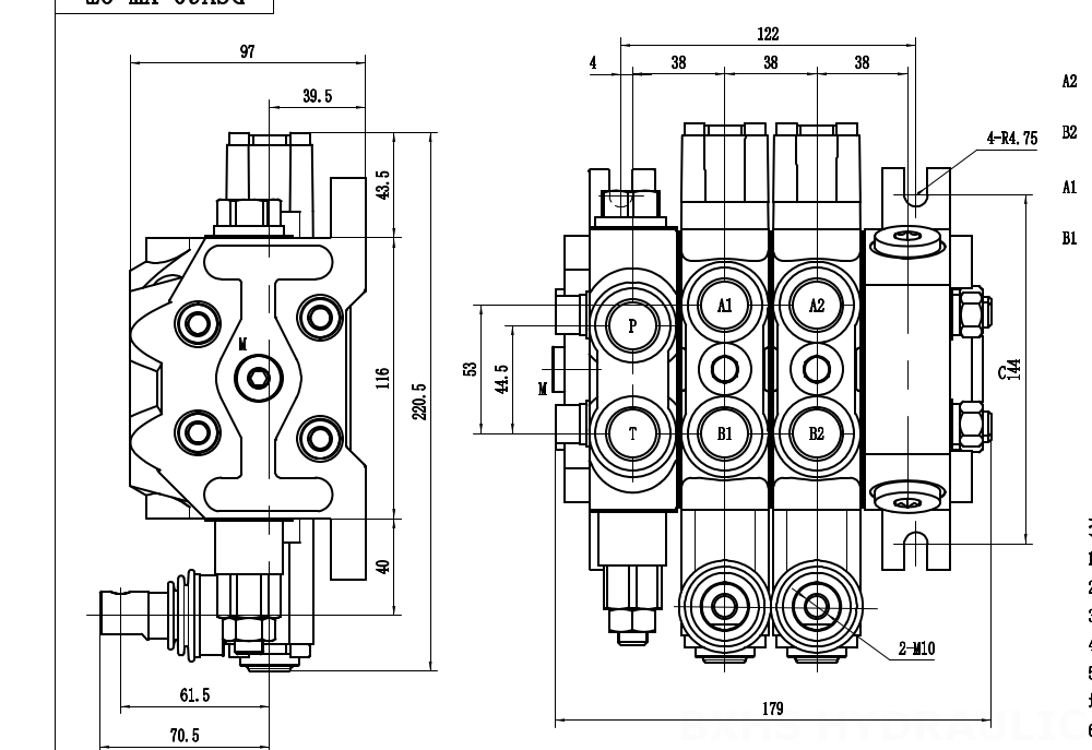 DCV60-Double control Manuel 2 distributeurs Distributeur directionnel sectionnel drawing image