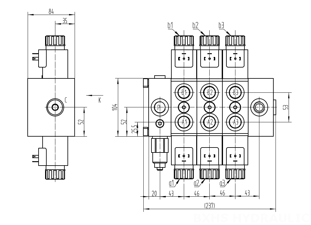 DCV58 Solénoïde 3 distributeurs Distributeur directionnel sectionnel drawing image