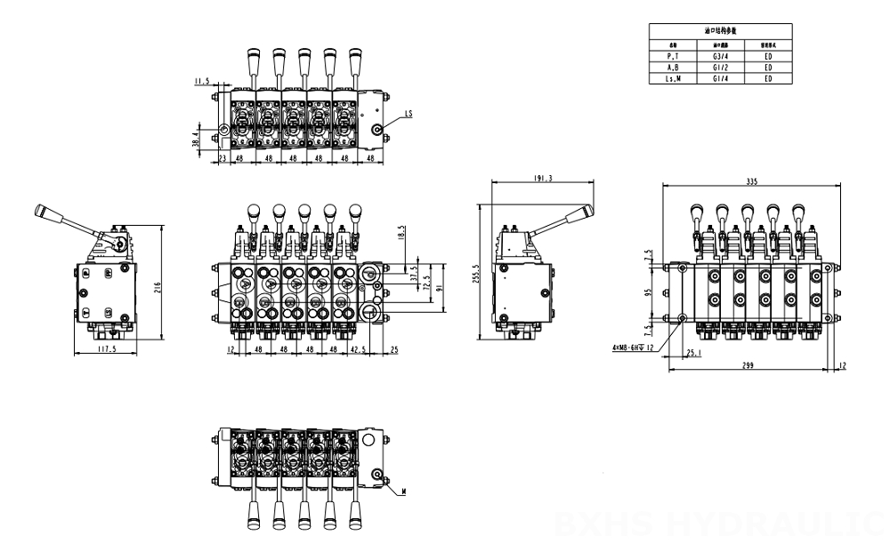 HSDSL Proportionnel électrique et manuel 6 distributeurs Soupape de commande proportionnelle drawing image