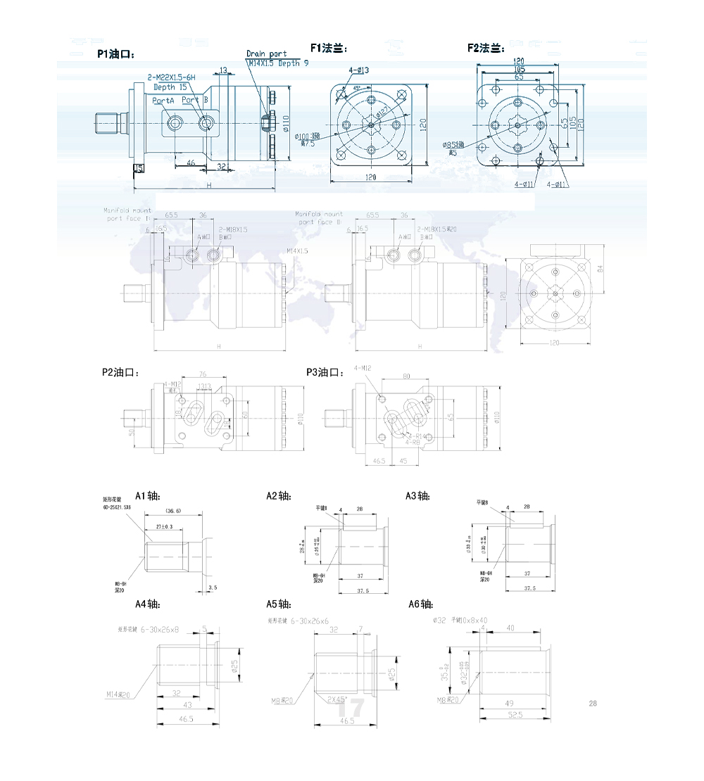 Moteur hydraulique cycloidal BM3 100 cm³/tr 50 L/min Moteur Hydraulique drawing image
