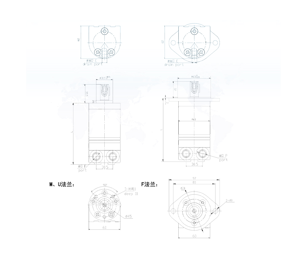 Moteur Hydraulique Cycloïde BMM 8 cm³/tr 14 L/min Moteur Hydraulique drawing image