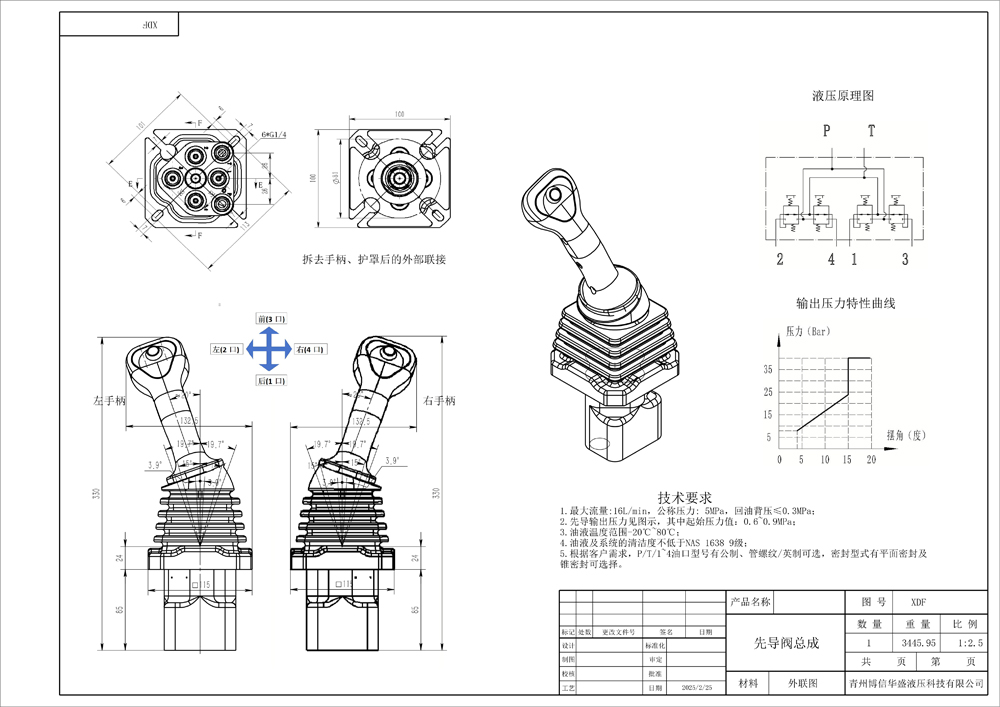 XDF-2 Manette 2 distributeurs Manette hydraulique drawing image