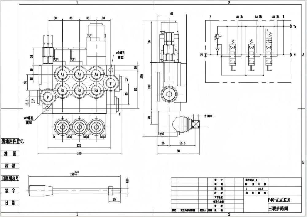 P40-G12-G38-2OT-QTW1 Manuel 3 distributeurs Vanne directionnelle monobloc drawing image