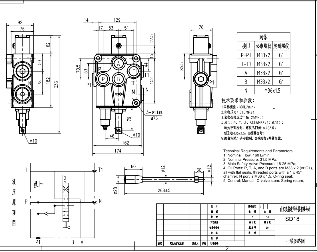 SD18 Distributeur Directionnel Monobloc Manuel 1 Tiroir Manuel 1 distributeur Vanne directionnelle monobloc drawing image