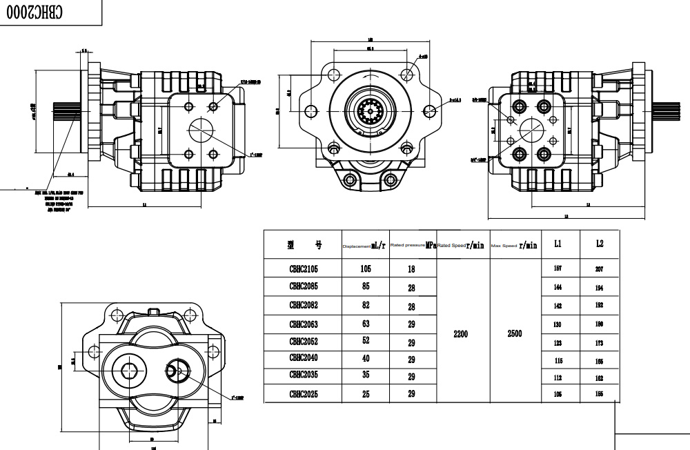 CBHC-2082 82 cm³/tr 28 MPa (4061 psi) Pompe hydraulique à engrenages drawing image