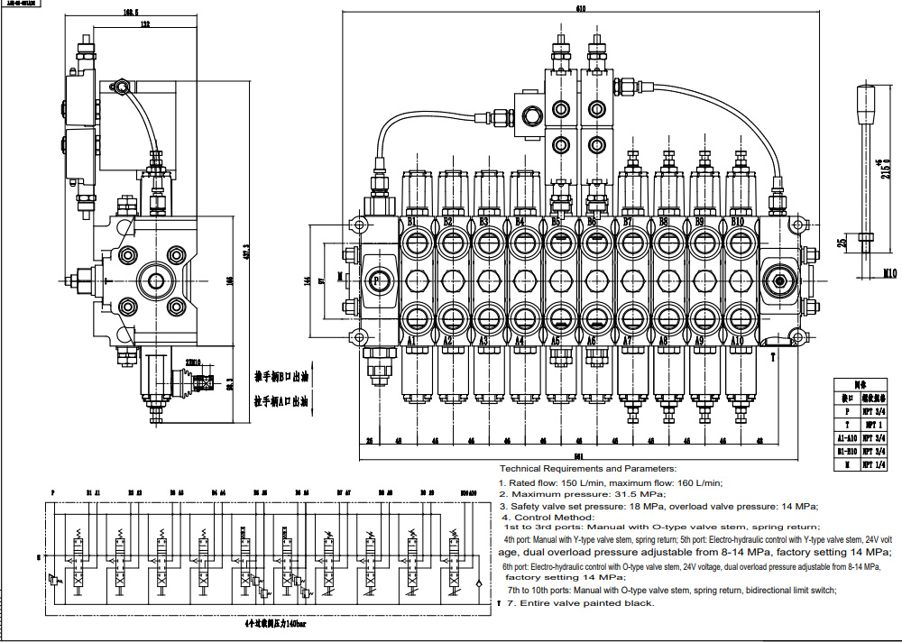 DCV150-10-NPT Manuelle et électro-hydraulique 10 distributeurs Distributeur directionnel sectionnel drawing image