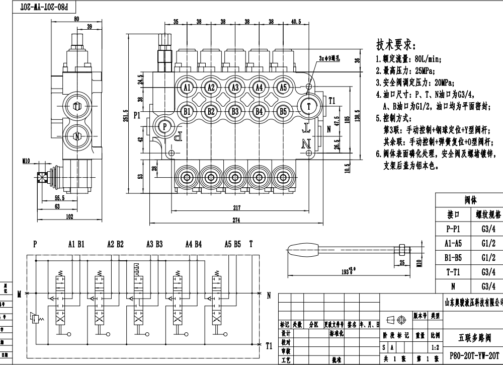 P80-G34-G12-2OT-YW-2OT Manuel 5 distributeurs Vanne directionnelle monobloc drawing image