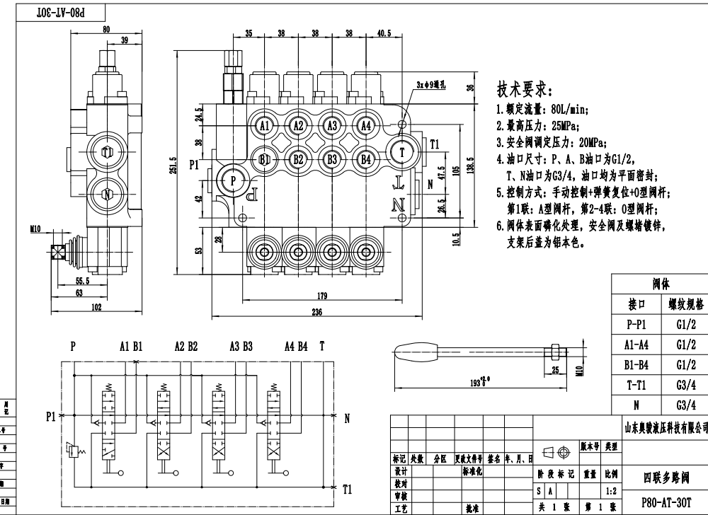P80-G34-G12-AT-3OT Manuel 4 distributeurs Vanne directionnelle monobloc drawing image