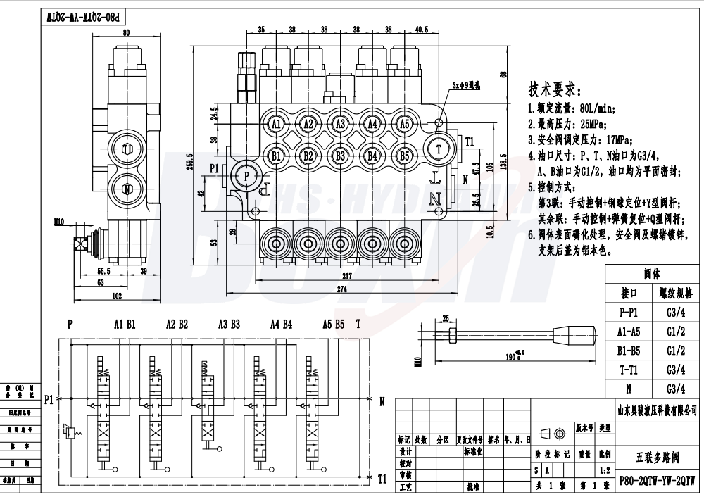 P80-G34-G12-2QTW-YW-2QTW Manuel 5 tiroirs Vanne directionnelle monobloc drawing image