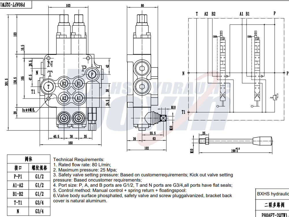 P80AFT-2QTW1 Manuel 2 tiroirs Vanne directionnelle monobloc drawing image