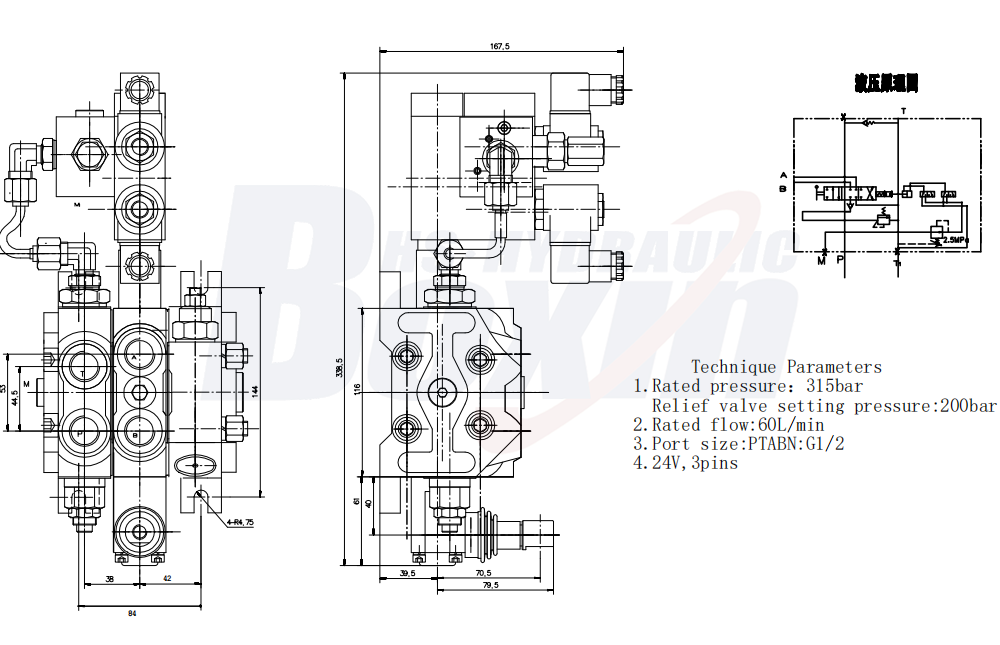 DCV60 Électro-hydraulique 1 tiroir Distributeur directionnel sectionnel drawing image