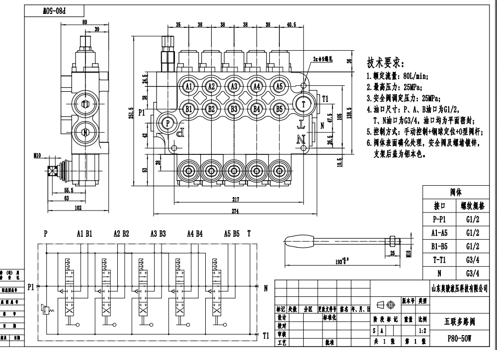 P80-G12-G34-OW Manuel 5 tiroirs Vanne directionnelle monobloc drawing image