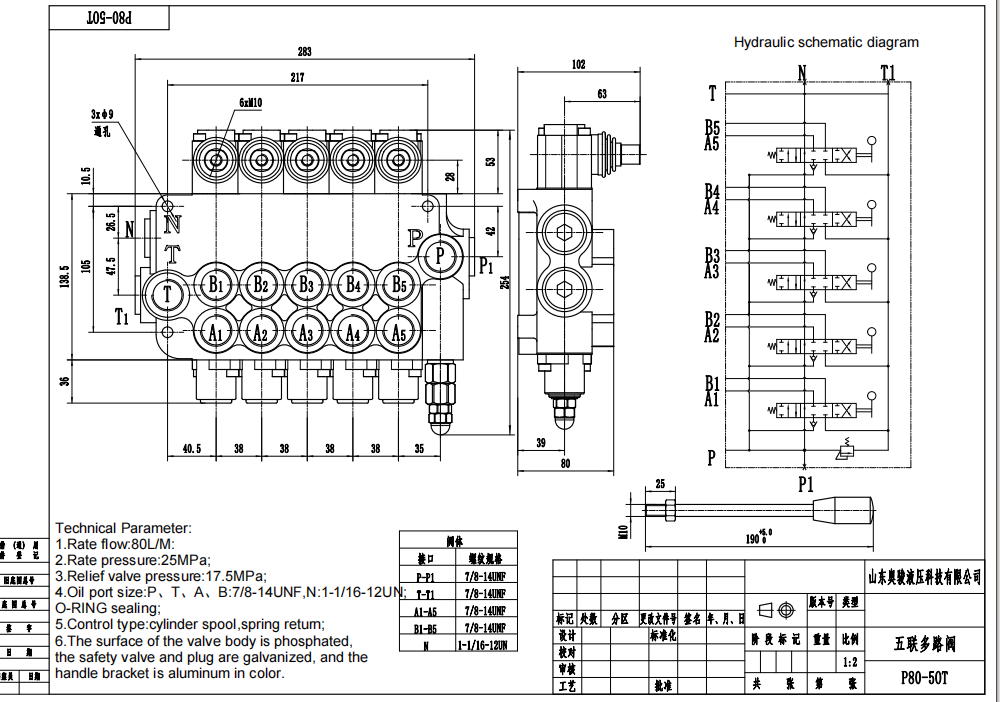P80-U7/8-5OT Manuel 5 tiroirs Vanne directionnelle monobloc drawing image