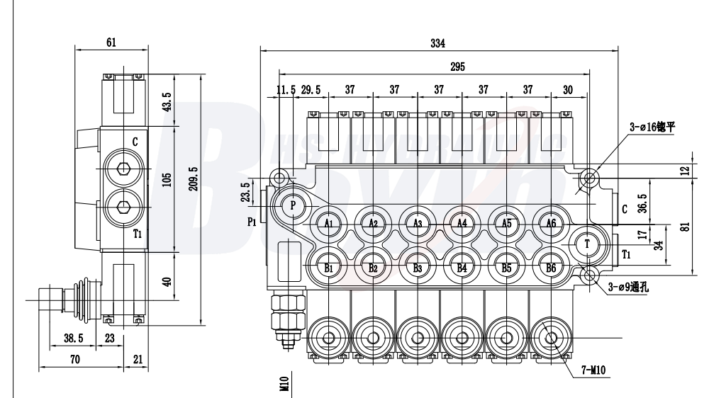 DCV40 Manuel 6 tiroirs Vanne directionnelle monobloc drawing image