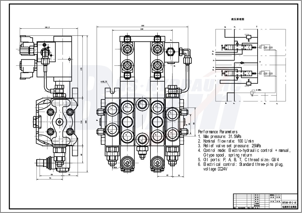 DCV100-OT-J-OT Électro-hydraulique 2 tiroirs Distributeur directionnel sectionnel drawing image