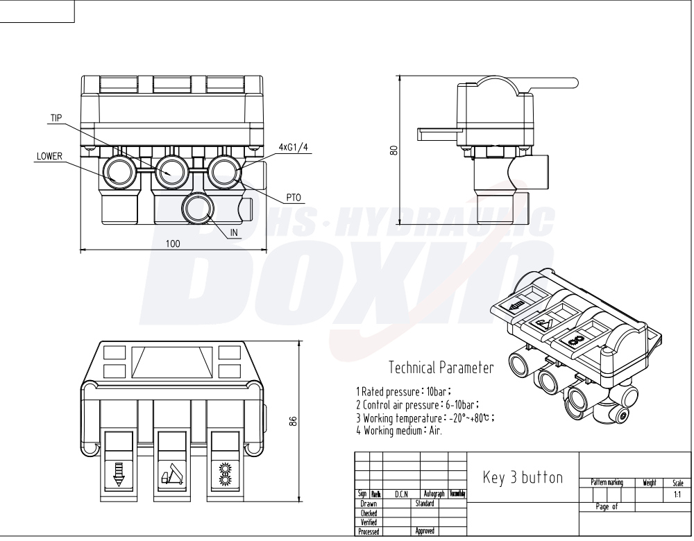 TC-4-TFLF Pneumatique 1 tiroir Vanne de commande hydraulique drawing image