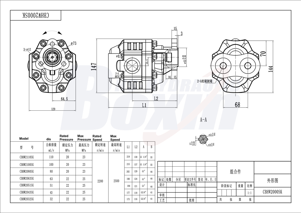CBHW-UNI-80 80 cc/tr 25 MPa (3625 psi) Pompe hydraulique à engrenages drawing image