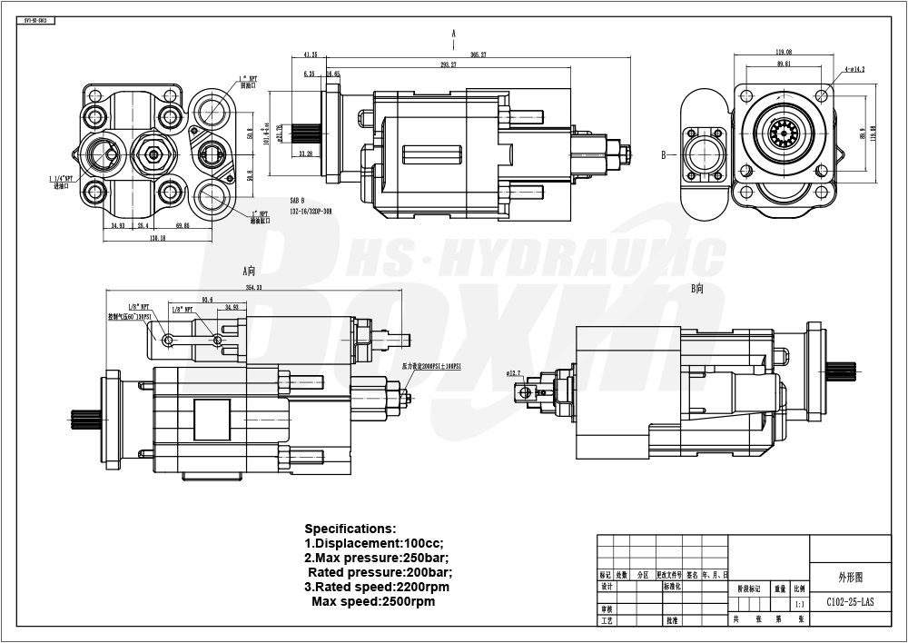 Industrial Grade C102-AS-25-H 100 cc/rev Hydraulic Gear Pump Factory Sales drawing image